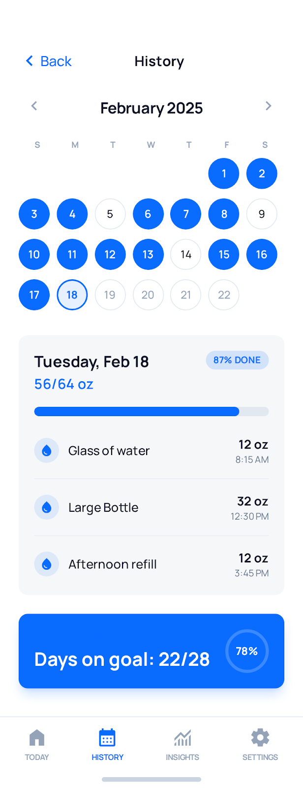 History calendar view showing hydration tracking over the month