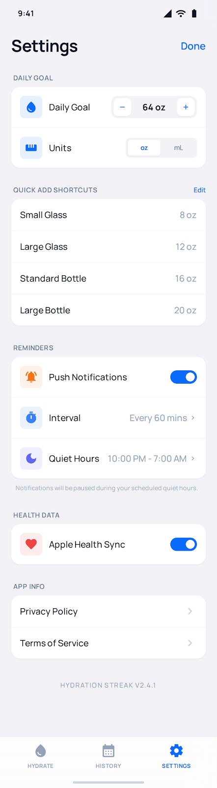 Settings screen for configuring daily goal, units, and reminders