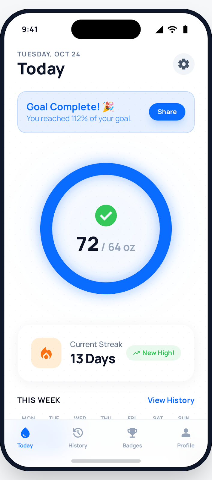 Today view showing completed daily hydration goal
