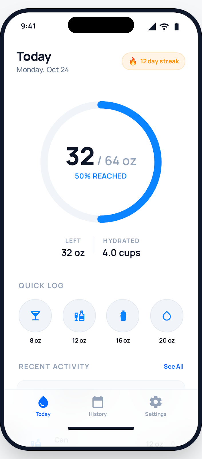 Today view showing partial progress toward daily hydration goal